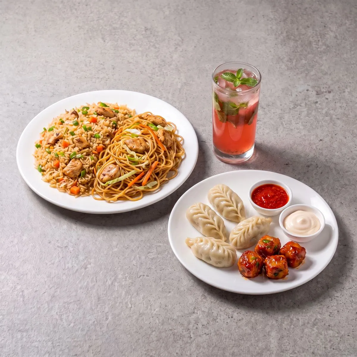 Loaded Chicken Momo Trio Platter + Mini Peri Peri Fries + 4 Chilli Potato Shots + Mojito