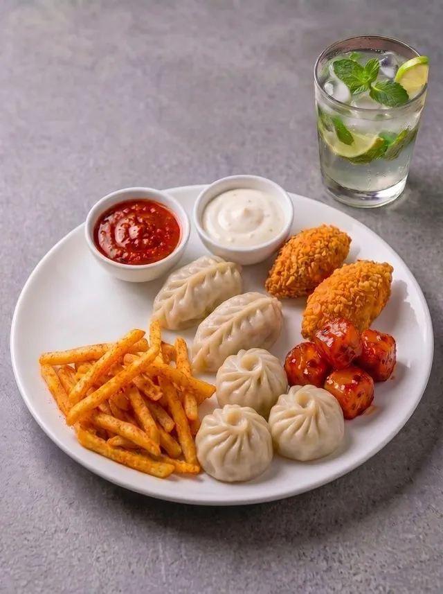 Loaded Veg Momo Trio Platter + Peri Peri Fries +4 Chilly Potato Shots + Mojito